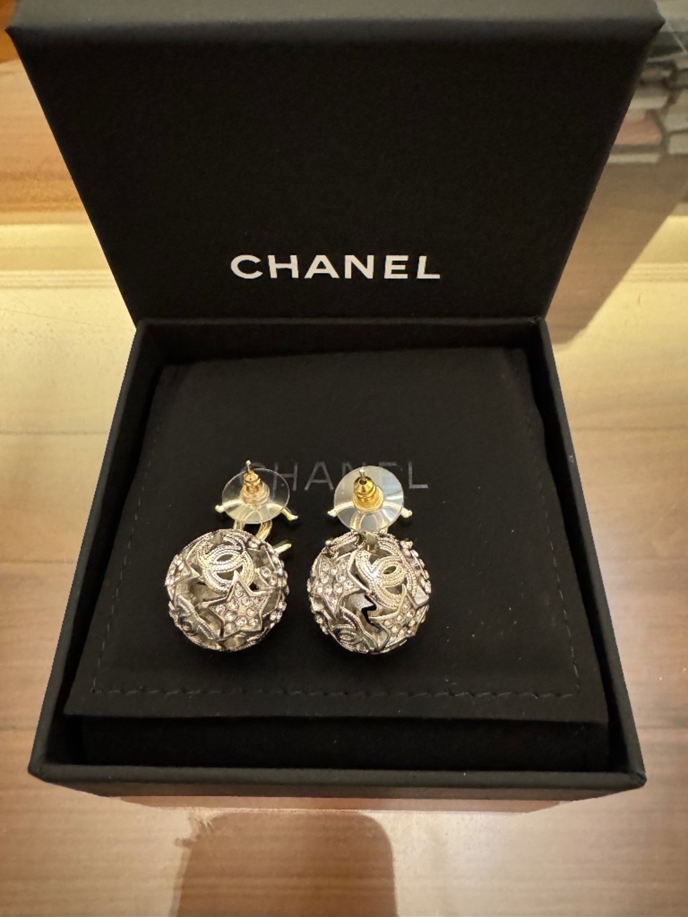 Rare Limited Edition Chanel Gold CC Logo Crystal Ball Dangle Drop Earrings